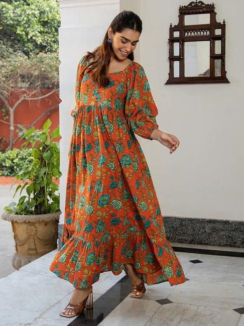 janasya orange cotton floral print maxi dress