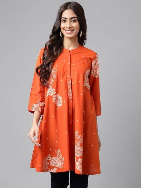 janasya orange cotton floral print tunic