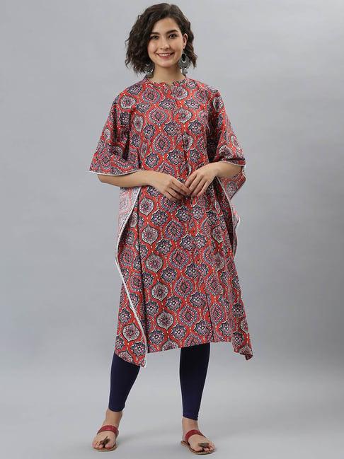 janasya orange cotton printed a line kaftan kurta