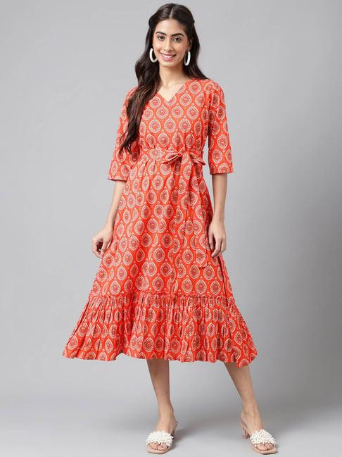 janasya orange cotton printed midi dress