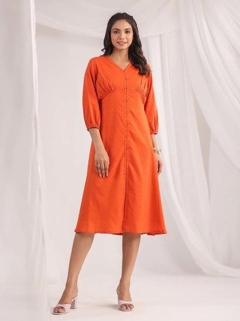 janasya orange cotton self pattern a-line dress