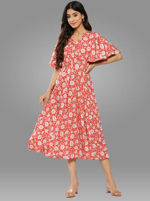 janasya orange floral print midi dress