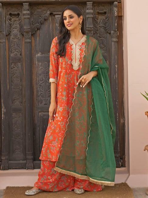 janasya orange georgette printed kurta with palazzo & dupatta