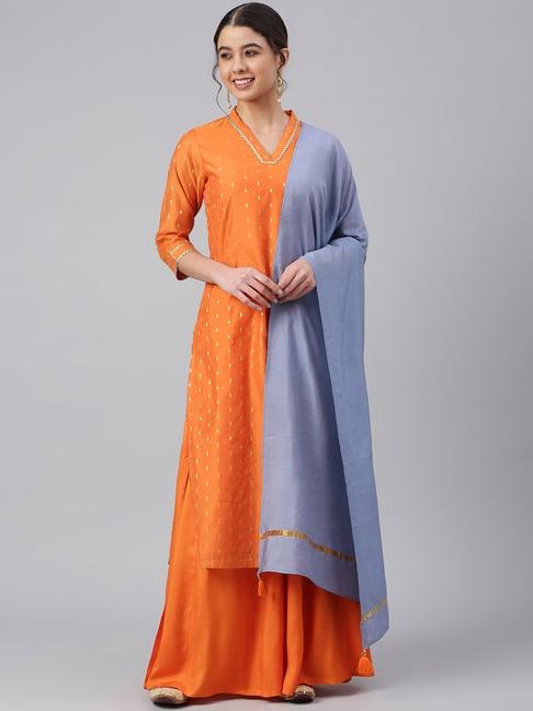 janasya orange woven pattern kurta palazzo set with dupatta