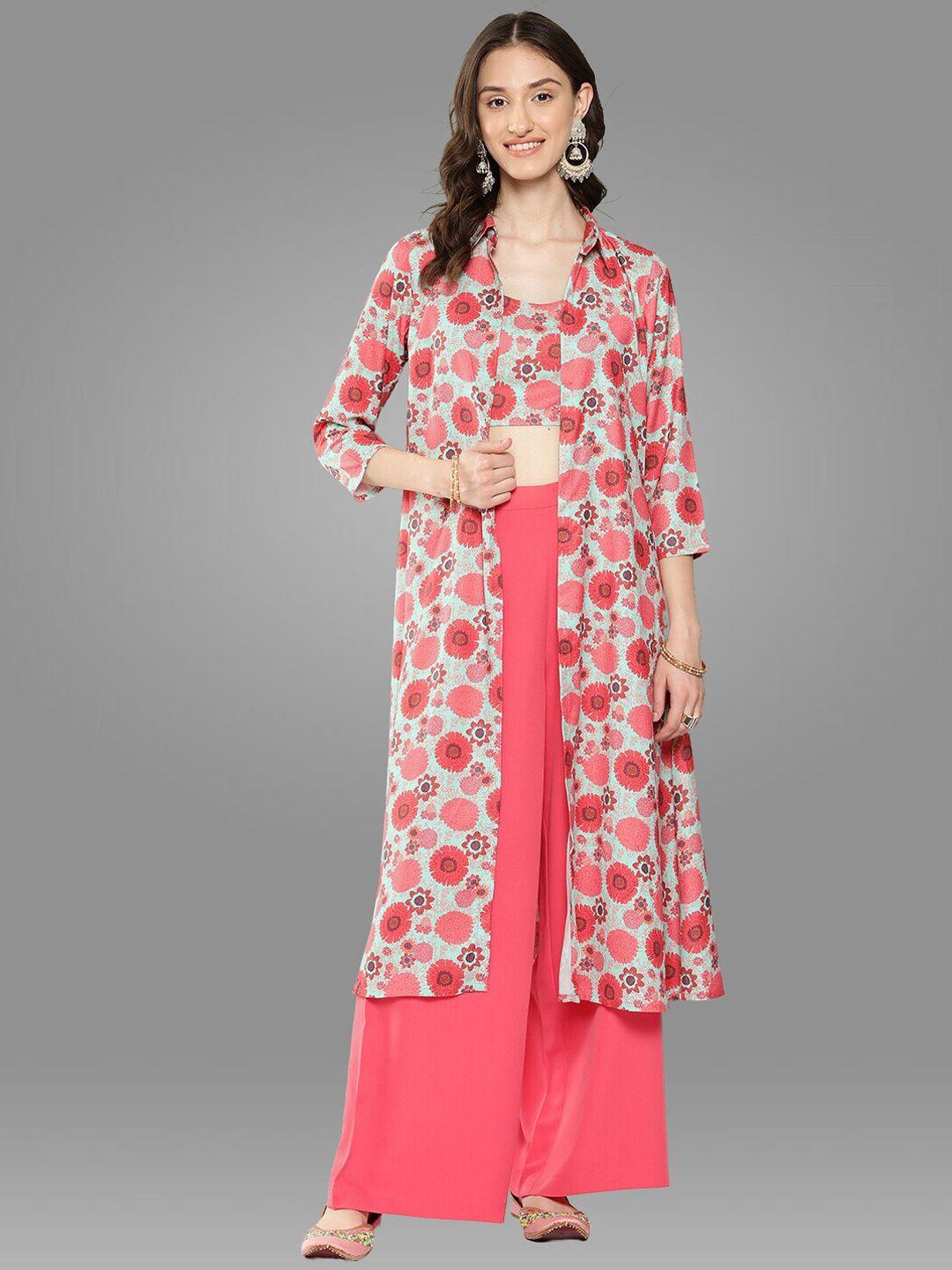 janasya peach colour floral printed pure cotton crop top with trouser & shrug