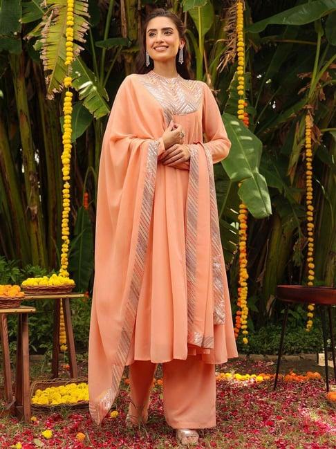 janasya peach embellished kurta palazzo set with dupatta