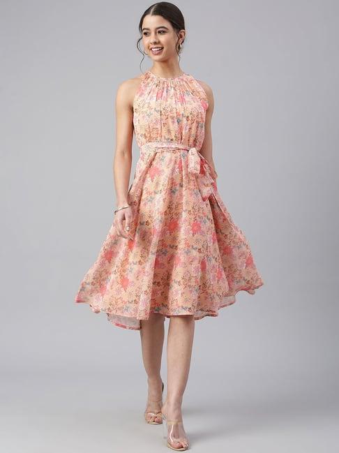 janasya peach floral print a-line dress