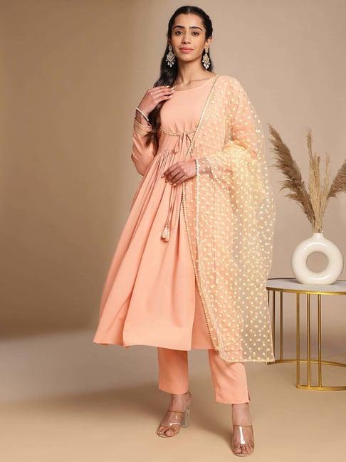 janasya peach plain kurta & pant set with dupatta