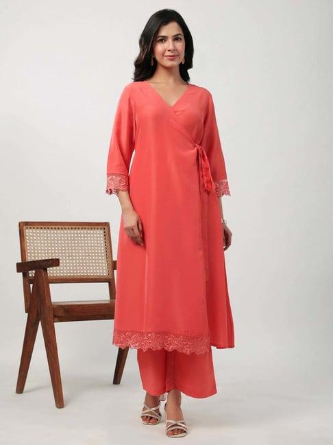 janasya peach plain kurta & pant set