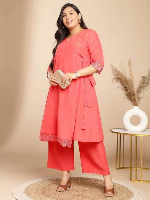 janasya peach plain kurta & pant set