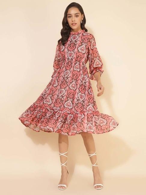 janasya peach printed a-line dress