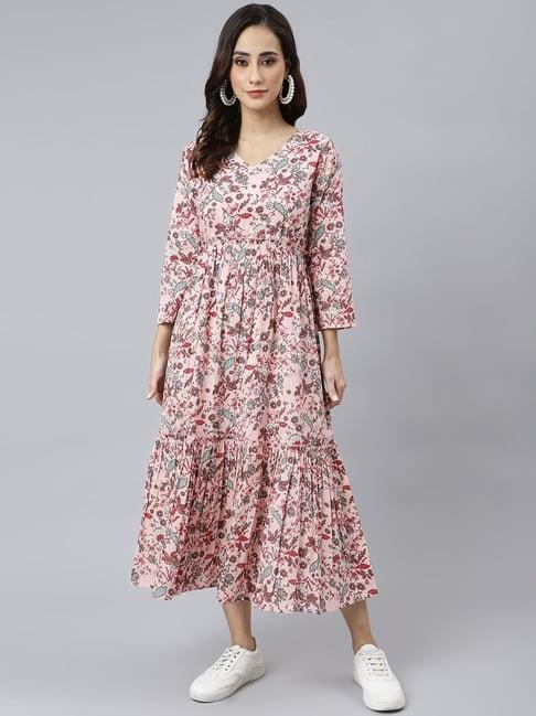 janasya peach printed a-line dress