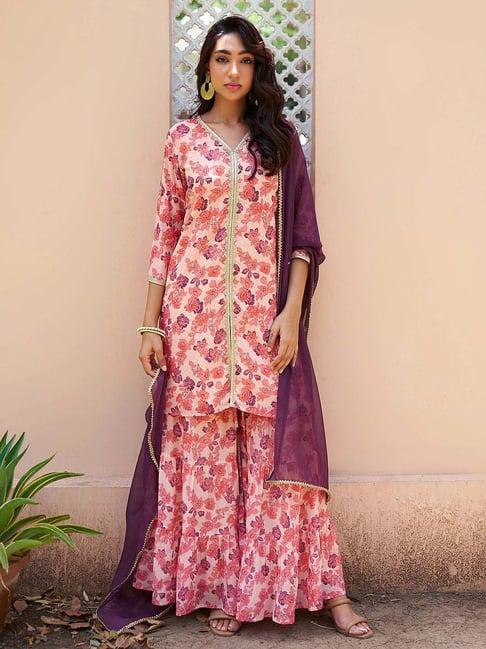 janasya peach printed kurti sharara set with dupatta