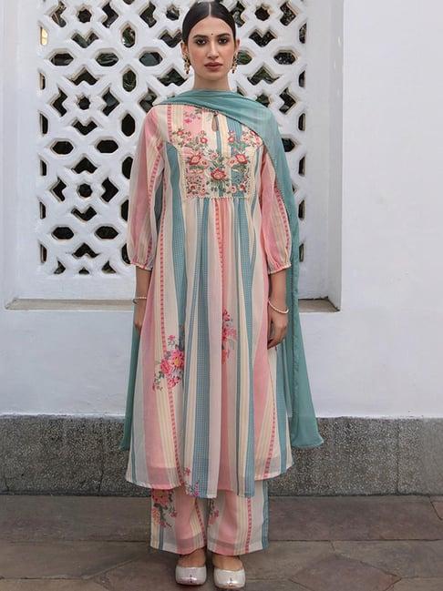 janasya pink & blue embroidered kurta palazzo set with dupatta