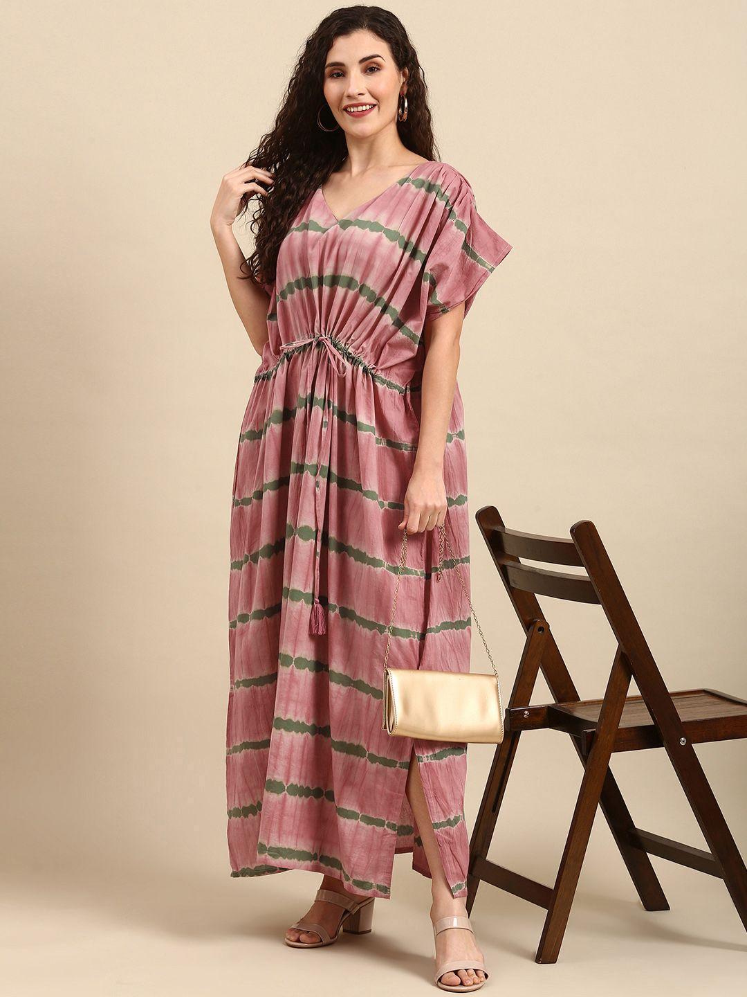 janasya pink & green dyed kaftan maxi dress