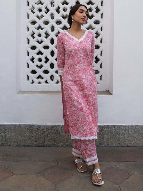 janasya pink cotton floral print kurta & pant set