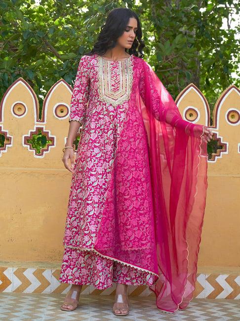 janasya pink cotton floral print kurta with palazzo & dupatta