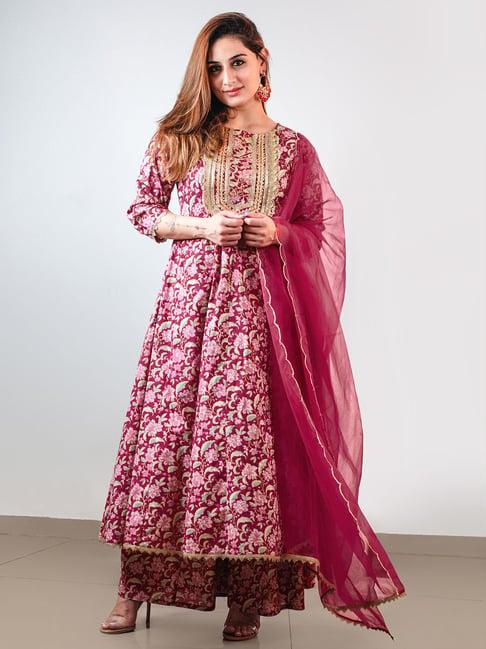 janasya pink cotton floral print kurta with palazzo & dupatta