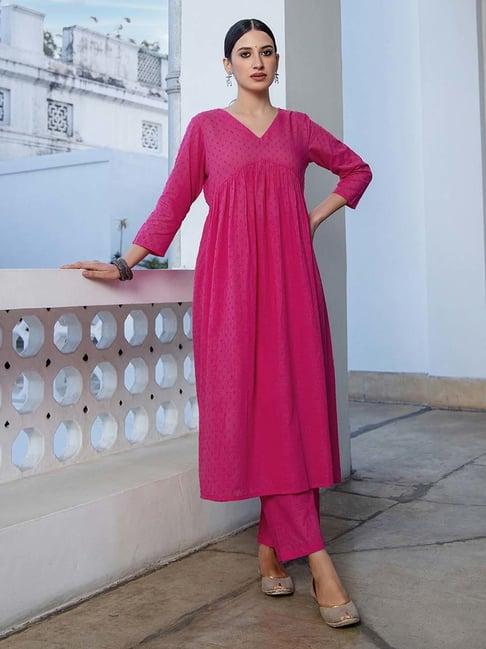 janasya pink cotton self pattern kurta pant set