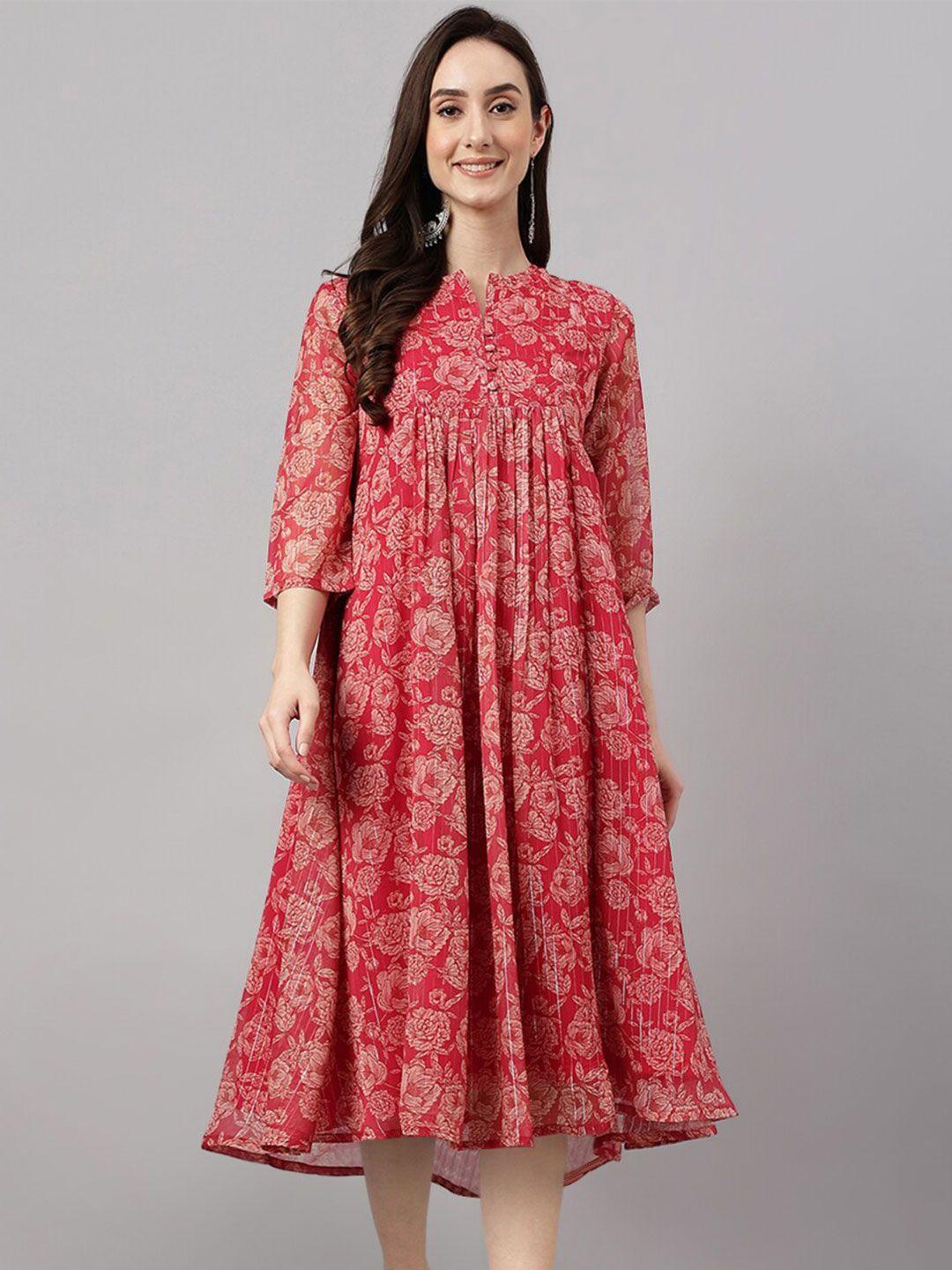janasya pink ethnic motifs print chiffon empire midi dress