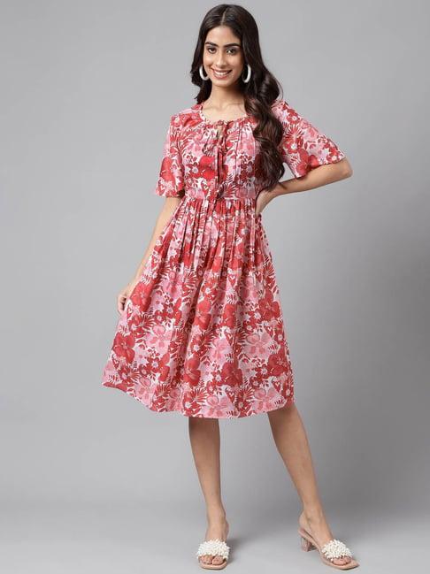 janasya pink floral print fit & flare dress