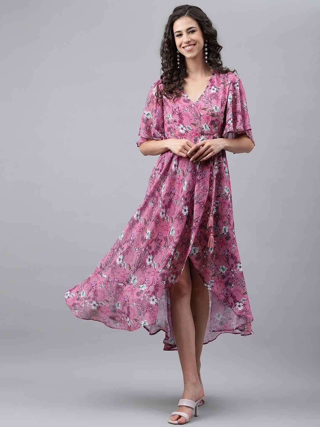 janasya pink floral printed flared sleeves georgette wrap midi dress