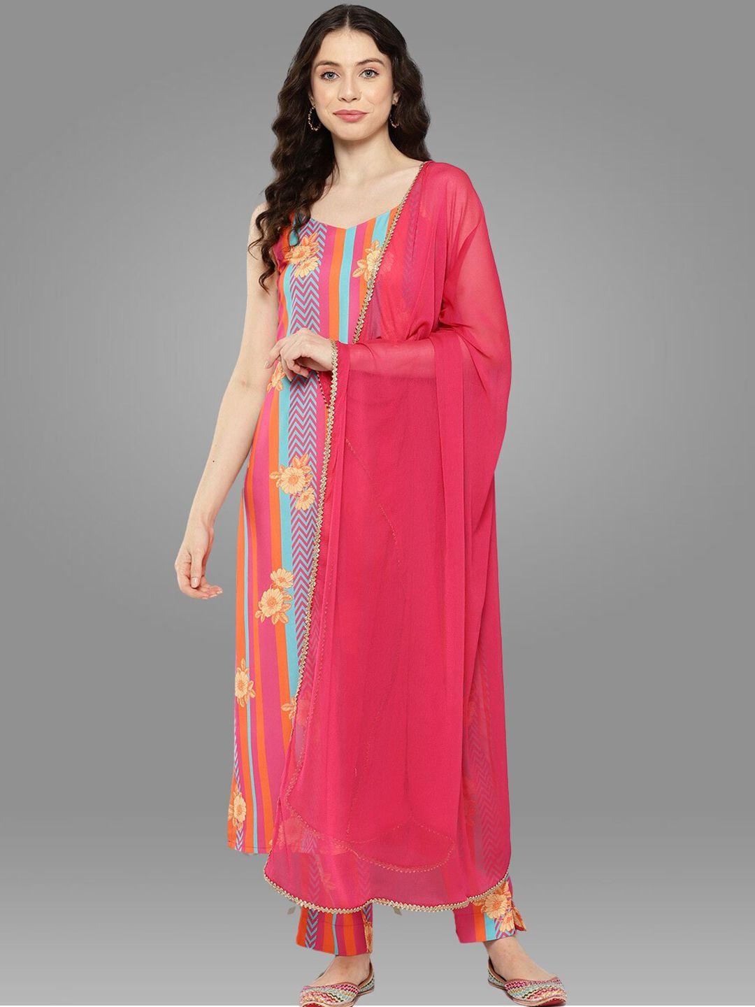 janasya pink floral printed gotta patti detailed straight kurta & trousers with dupatta