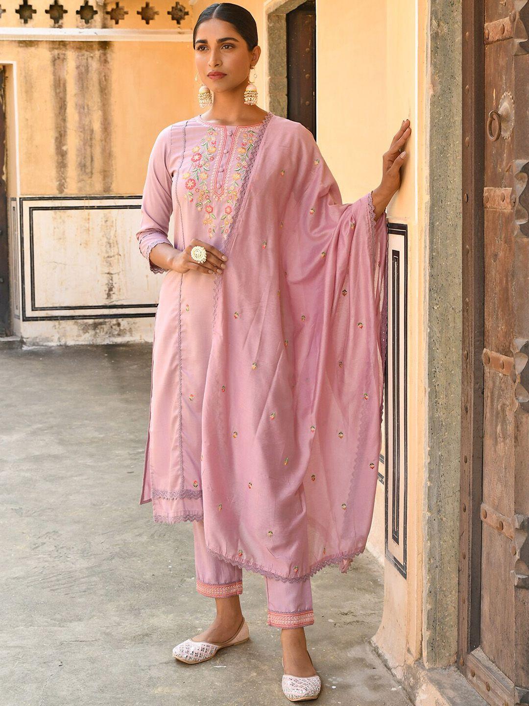 janasya pink floral yoke design regular thread work kurta & trousers with dupatta