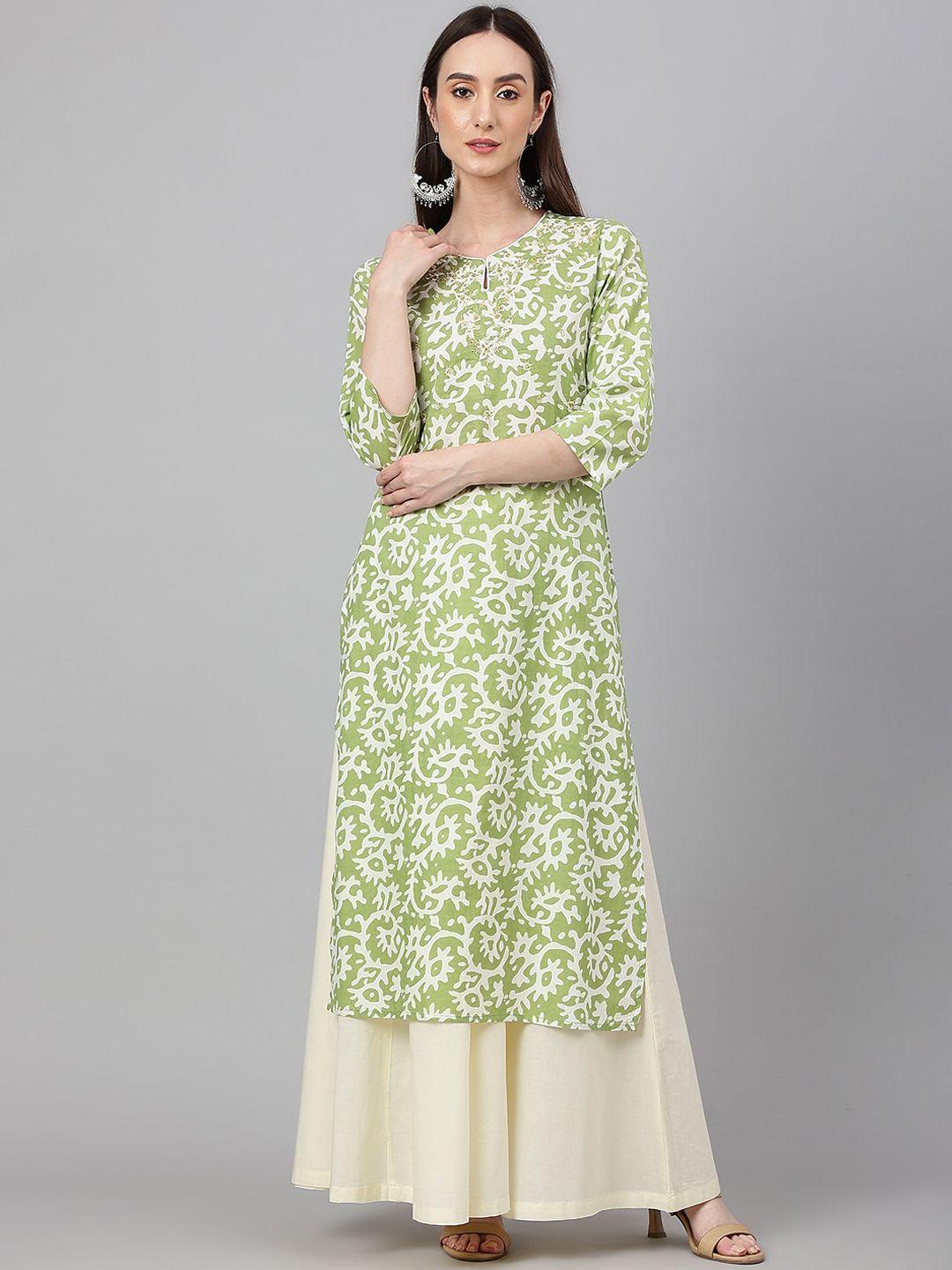 janasya printed keyhole neck mirror work kurta