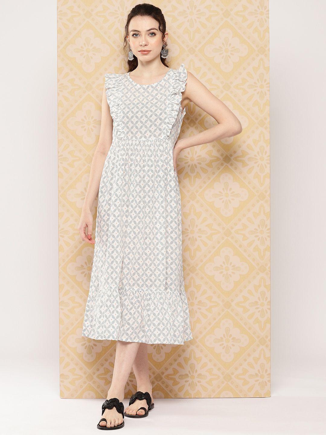 janasya printed ruffled a-line cotton midi dress