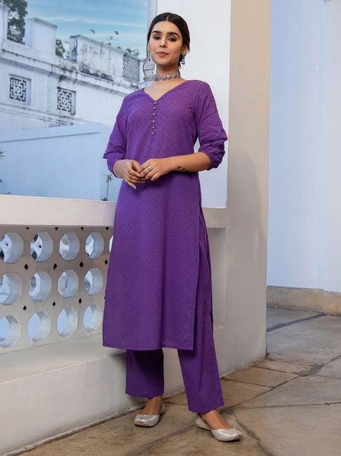 janasya purple cotton self pattern kurta pant set