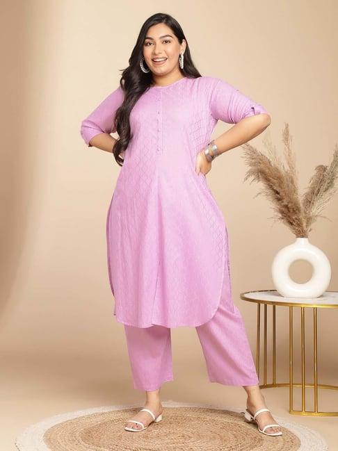 janasya purple cotton self pattern kurta pant set