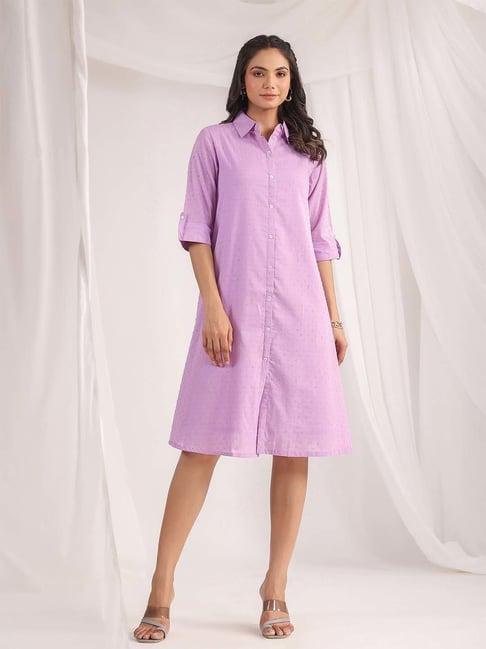 janasya purple cotton self pattern shirt dress