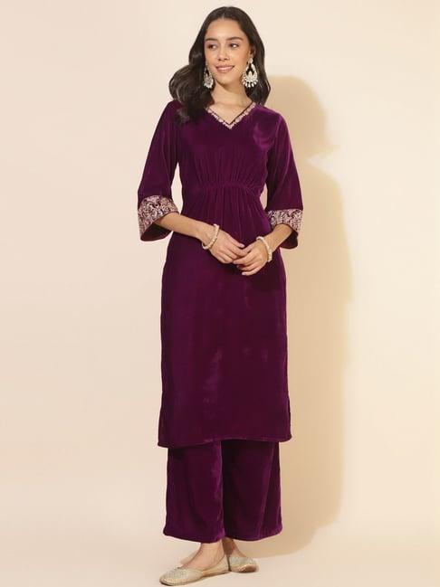 janasya purple embroidered kurta palazzo set