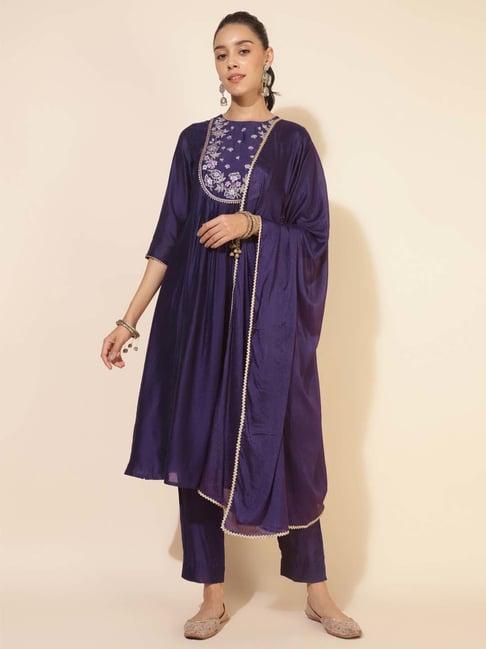 janasya purple embroidered kurta pant set with dupatta