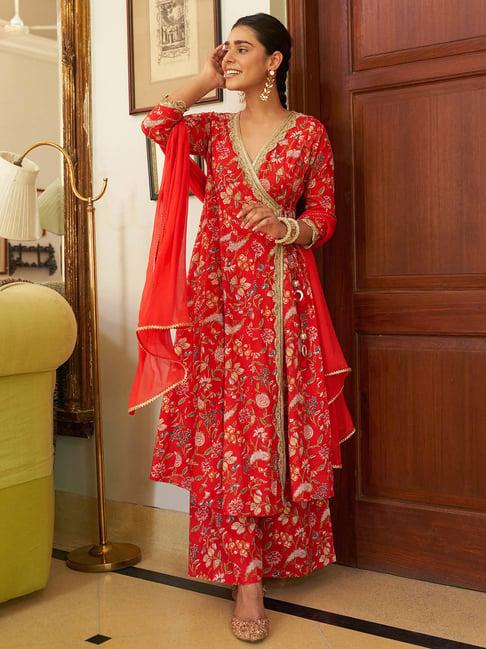 janasya red cotton floral print kurta with palazzo & dupatta