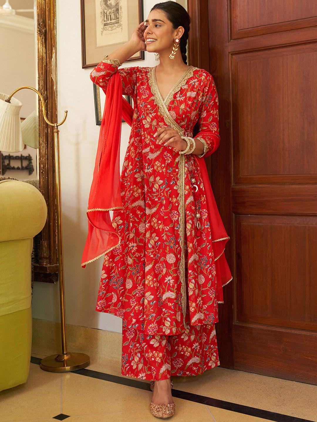 janasya red floral printed gotta patti pure cotton kurta with palazzos & with dupatta