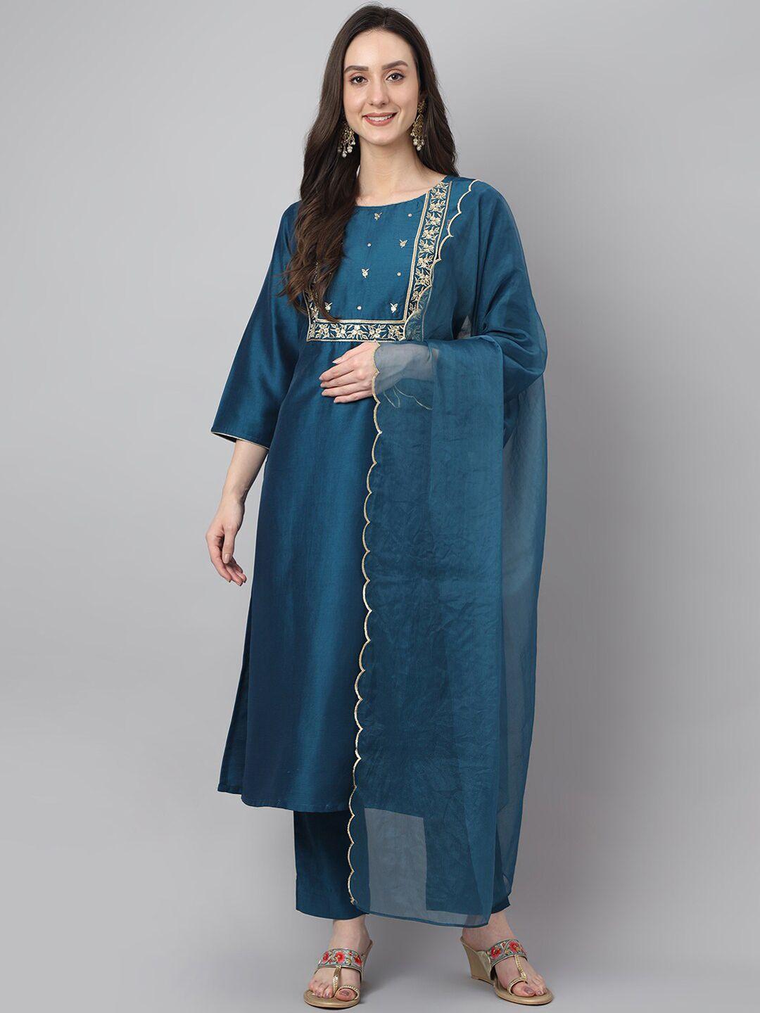 janasya round neck ethnic motifs embroidered kurta with trousers & dupatta