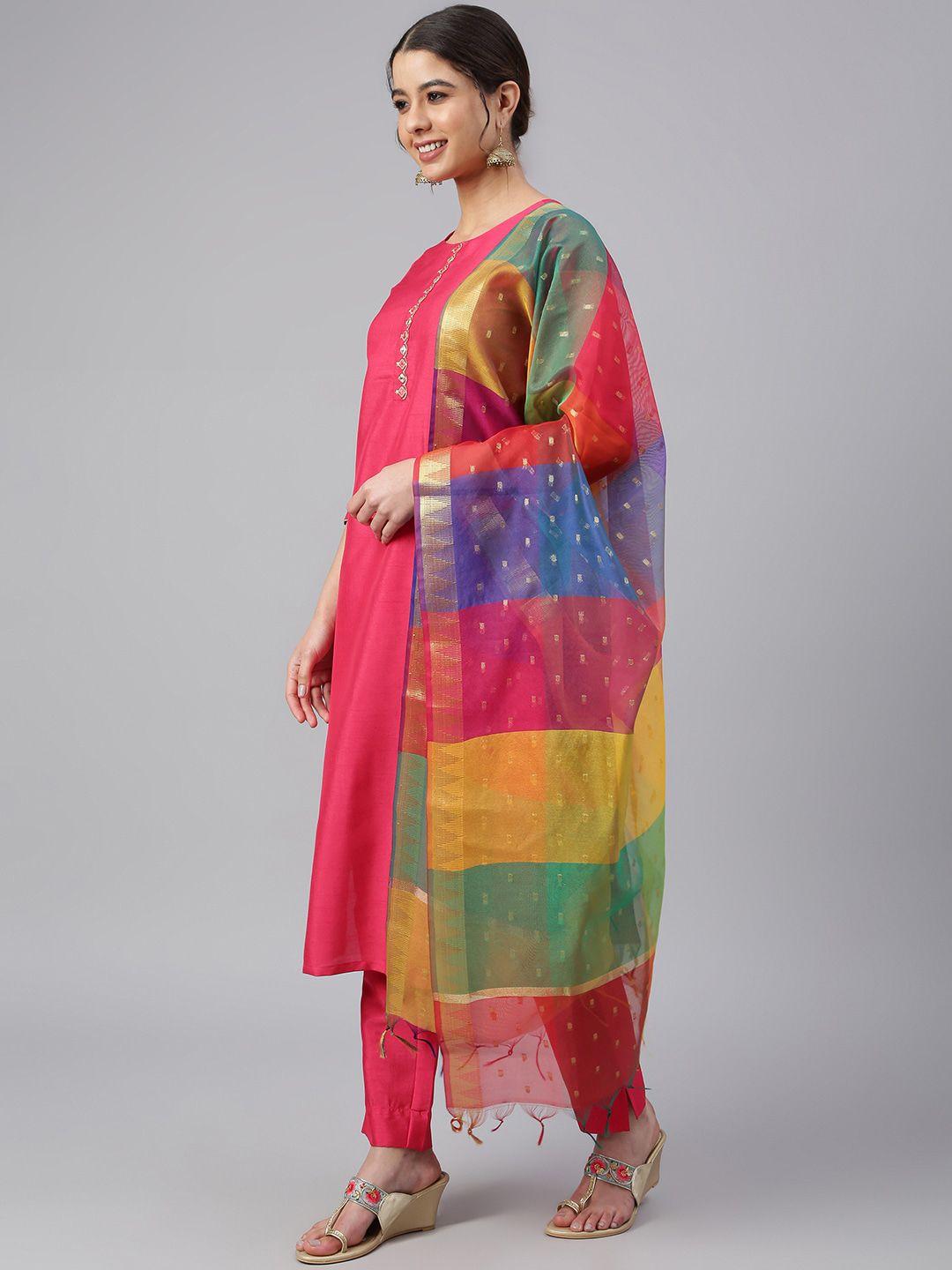 janasya round neck thread work straight kurta & trousers with dupatta