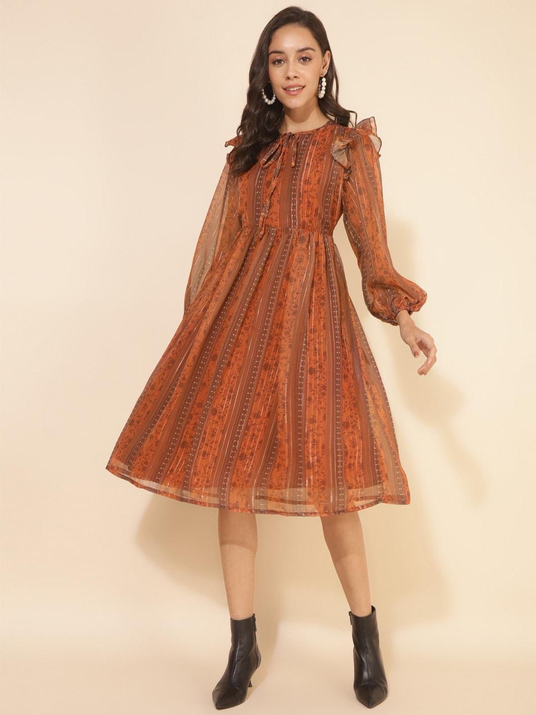 janasya rust floral printed puff sleeves ruffles chiffon a-line dress