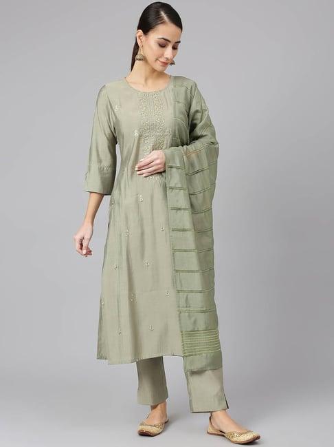 janasya sage green embroidered straight kurta with pants & dupatta