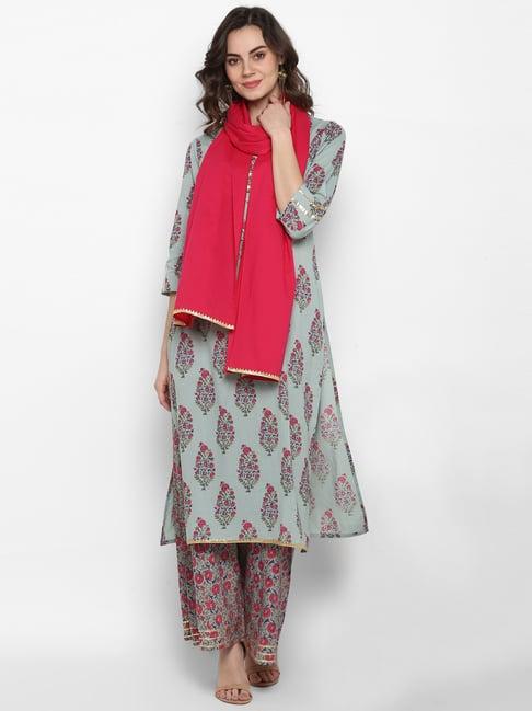 janasya sage green printed kurta with palazzo & dupatta