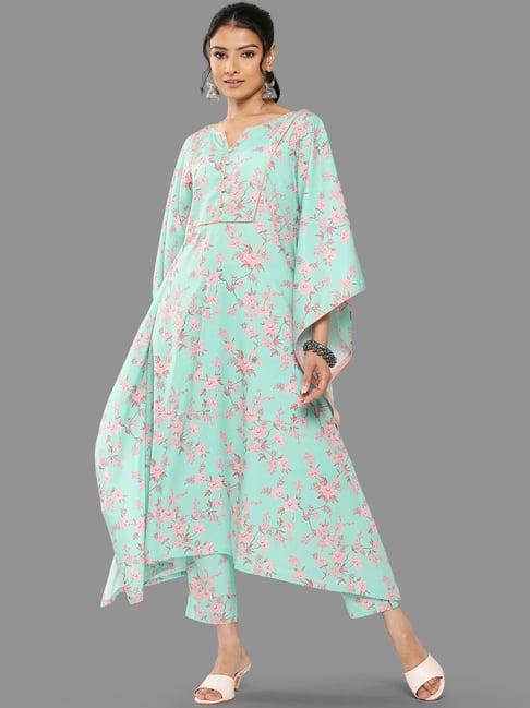 janasya sea green floral print kaftan kurta pant set