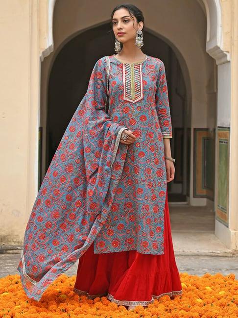 janasya sky blue & red cotton floral print kurta garara set with dupatta
