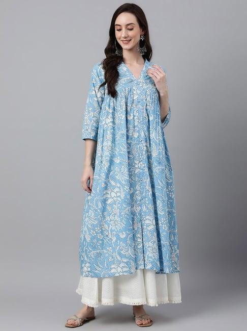 janasya sky blue cotton floral print a line kurta