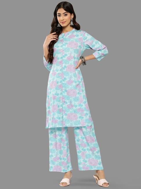 janasya sky blue floral print kurta & palazzo set