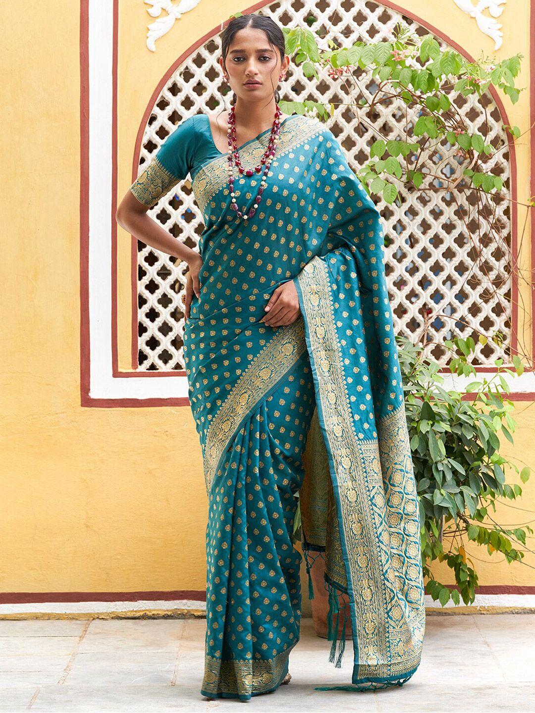 janasya teal green & gold-toned ethnic motifs woven design zari banarasi saree