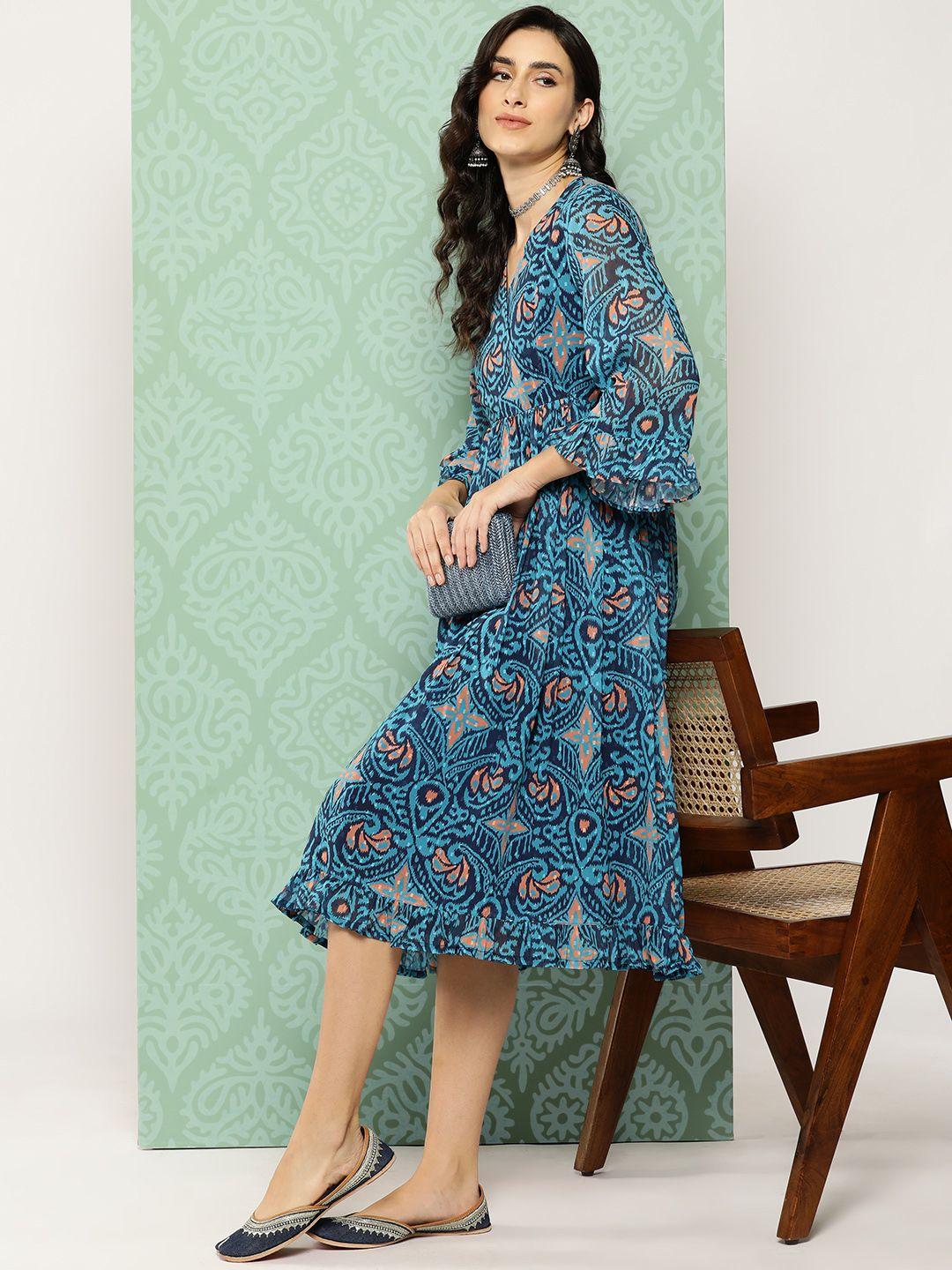 janasya turquoise blue ethnic motifs print bell sleeve georgette a-line midi dress