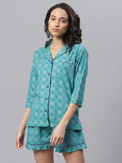 janasya turquoise printed shirt with shorts set