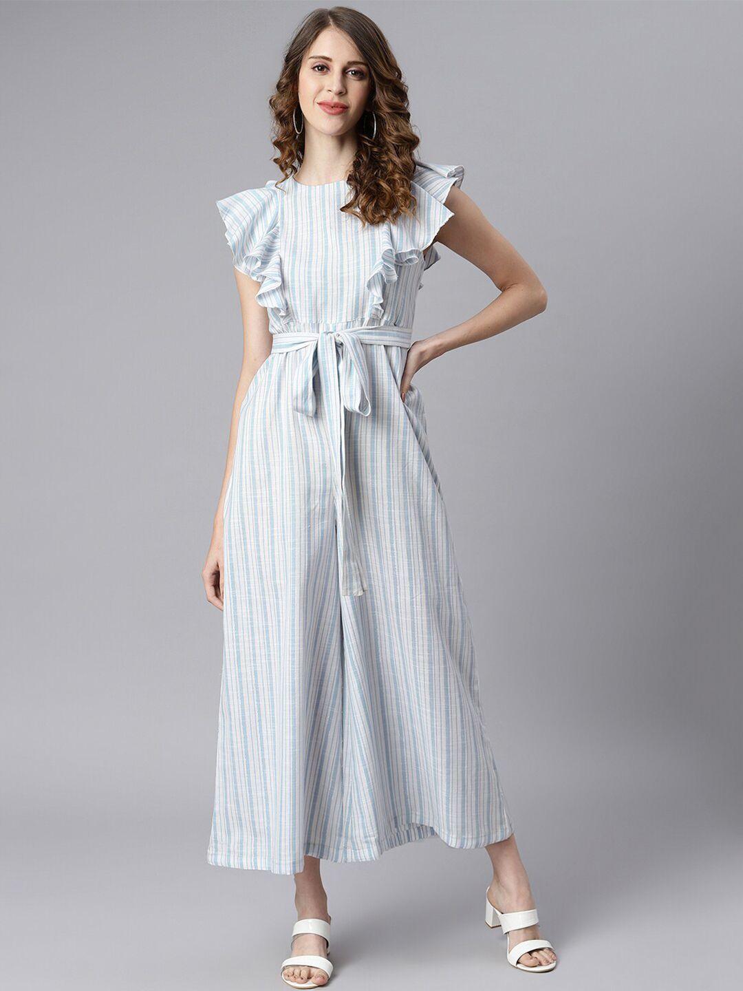 janasya white & blue striped basic jumpsuit with ruffles